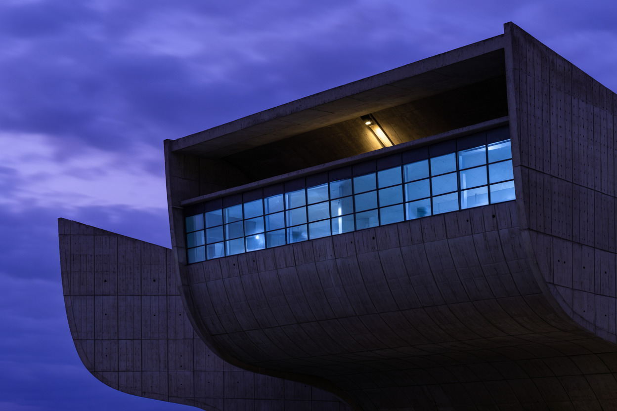 Brutalist concrete museum against a violet twilight sky