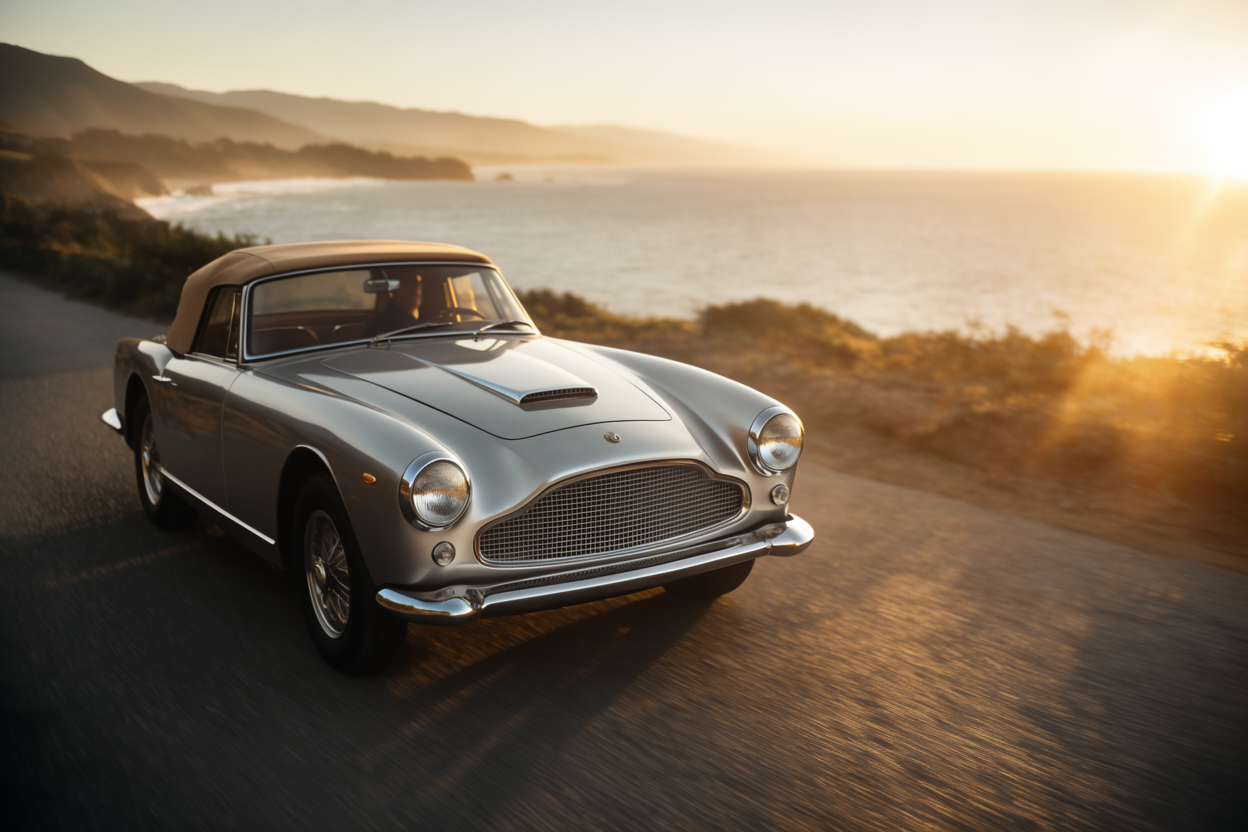 Vintage grand tourer on a coastal cliff road at golden hour