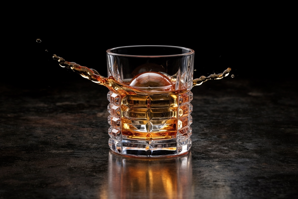 Whiskey splashing from a cut-crystal tumbler on dark stone