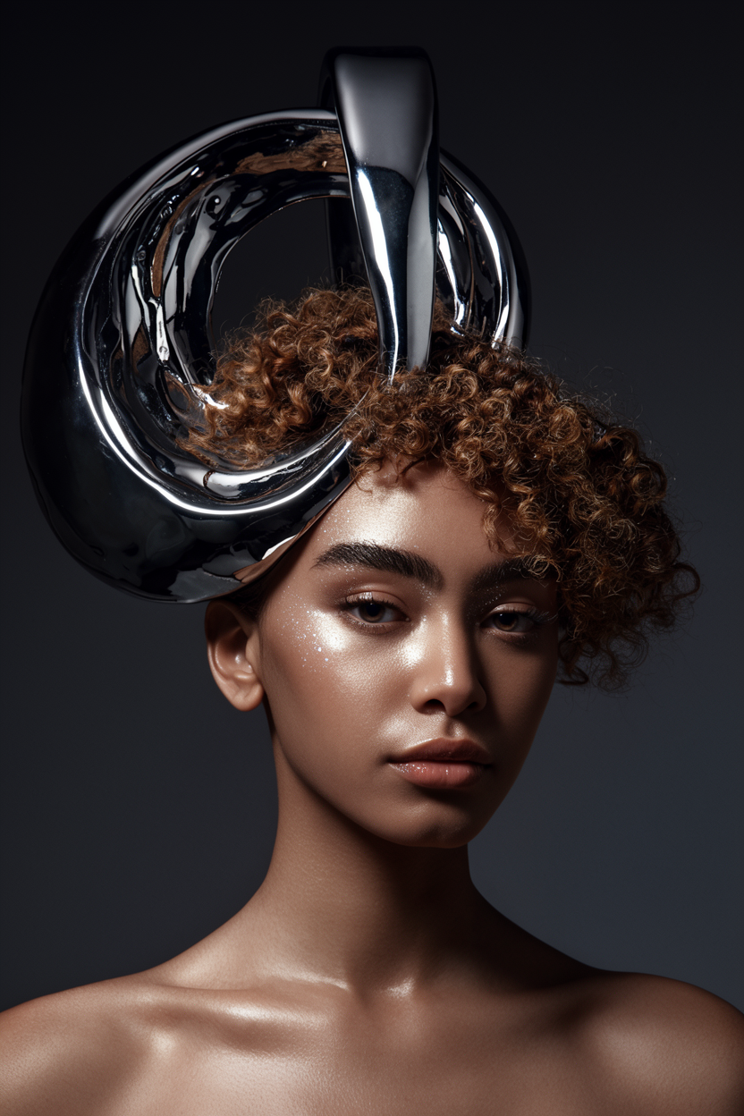 Editorial beauty portrait with a sculptural chrome headpiece