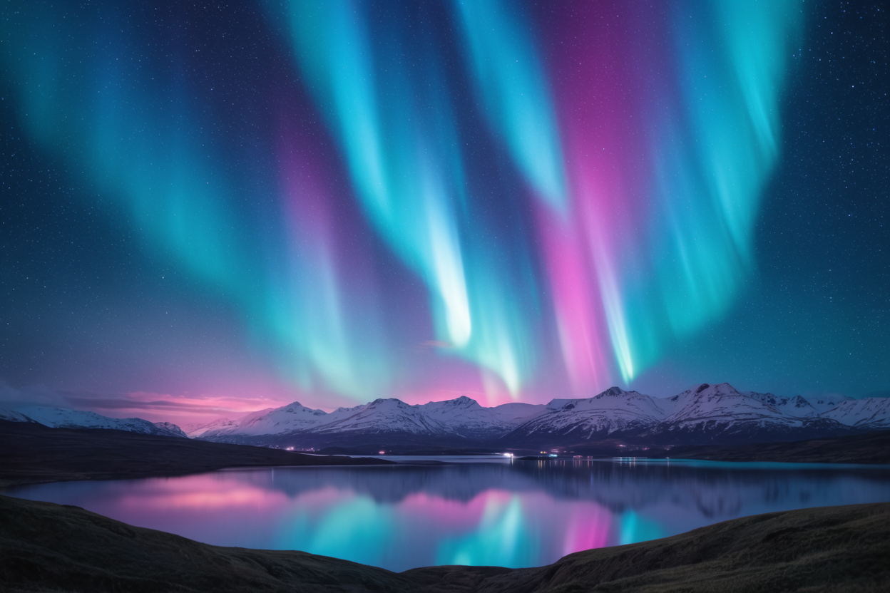 Vivid aurora borealis over snow-capped mountains, generated by Vidpost