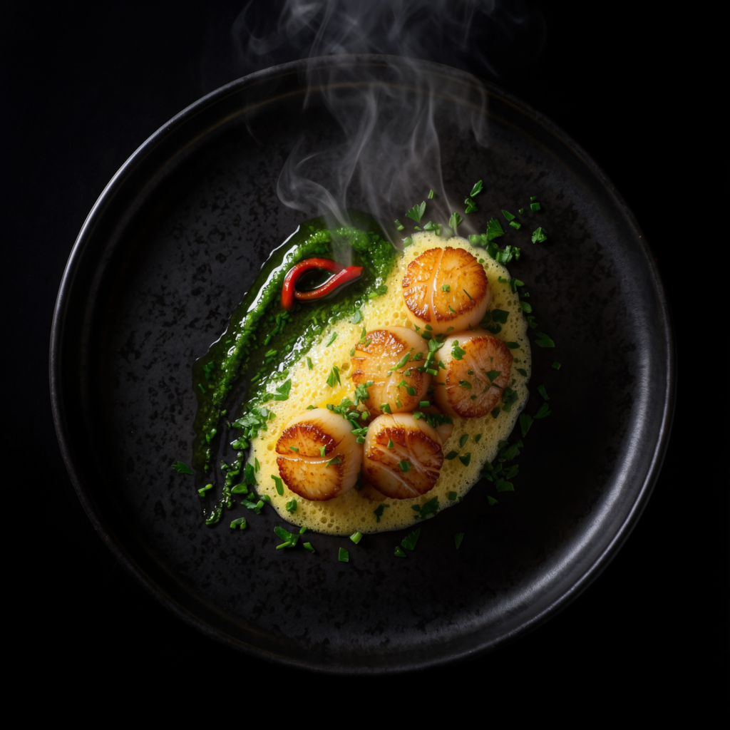 Seared scallops with saffron foam, overhead fine-dining plate