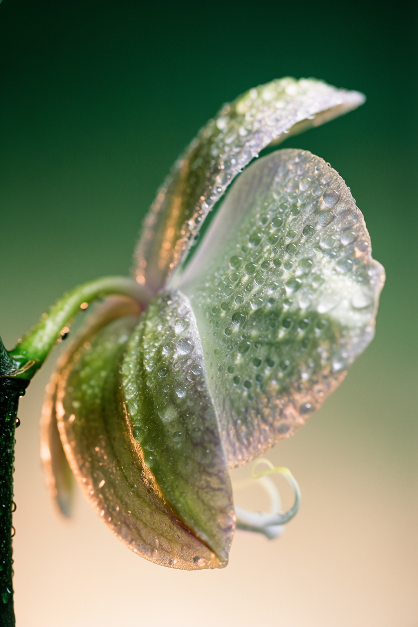 Dew-covered orchid petal in macro with iridescent light