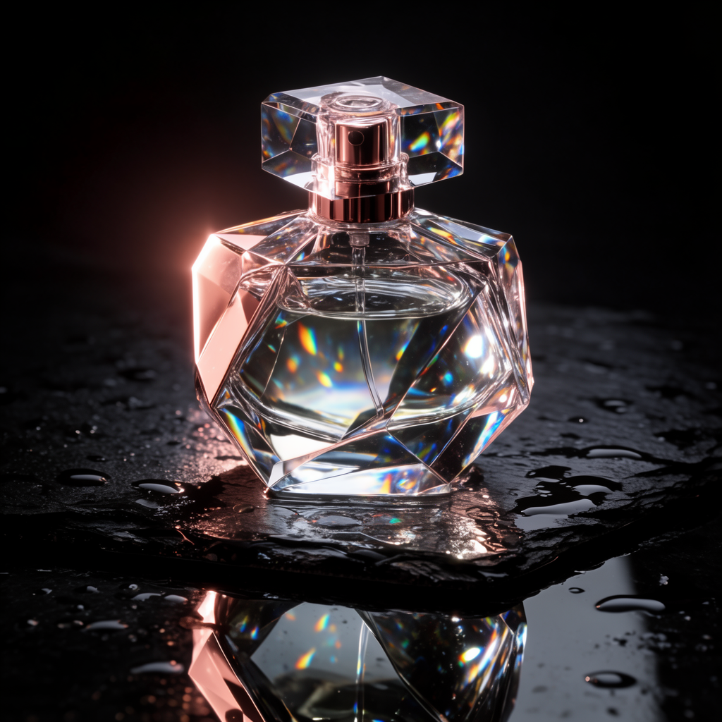 Faceted crystal perfume bottle on wet black slate