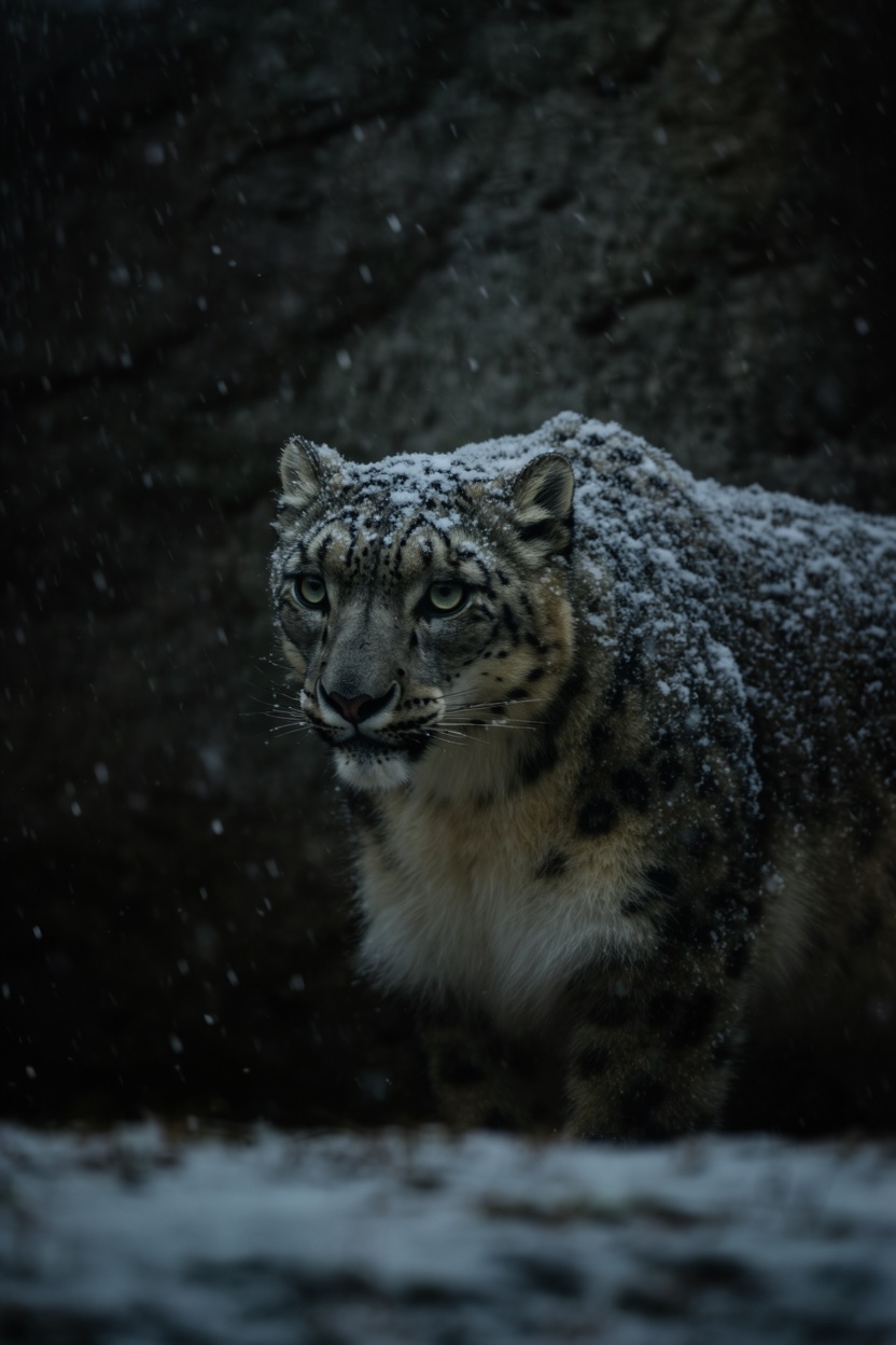 Snow leopard in falling snow with piercing green eyes